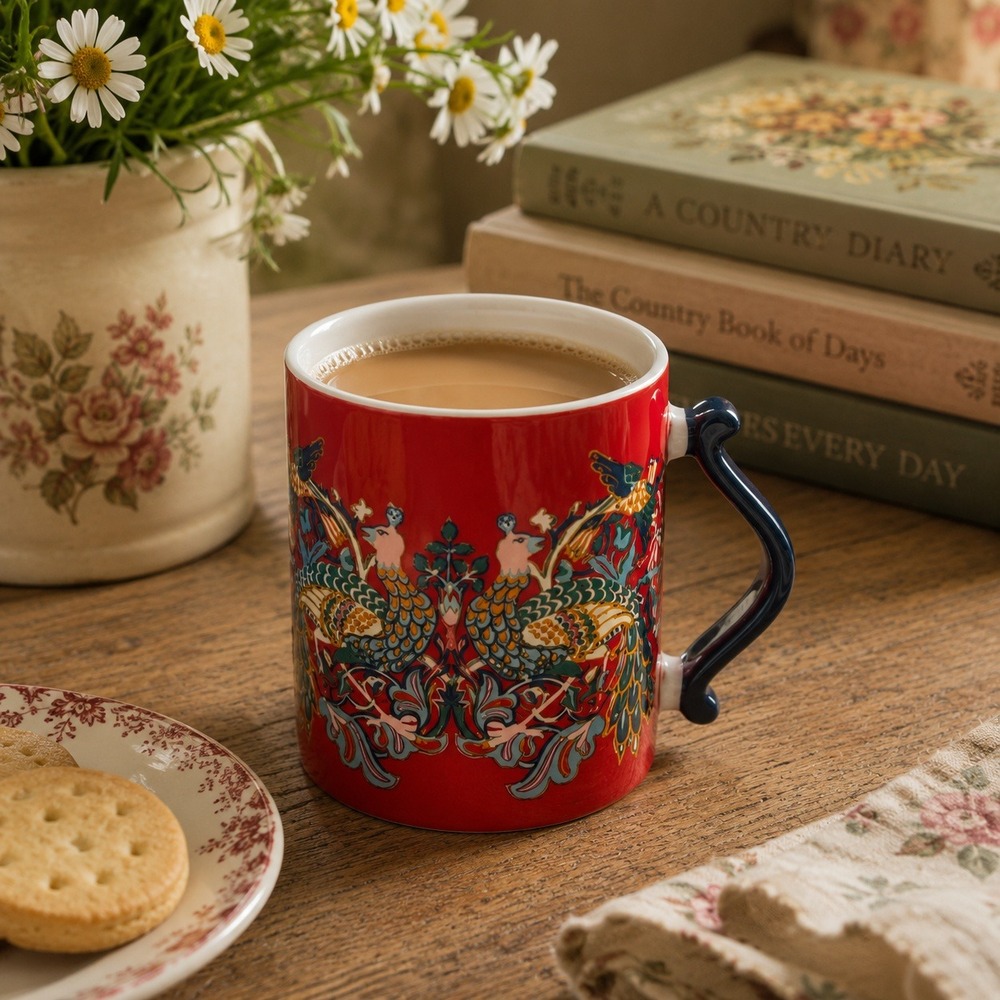 William Morris At Home Peacock & Bird Festive China Mug Red Coffee Tea Cup